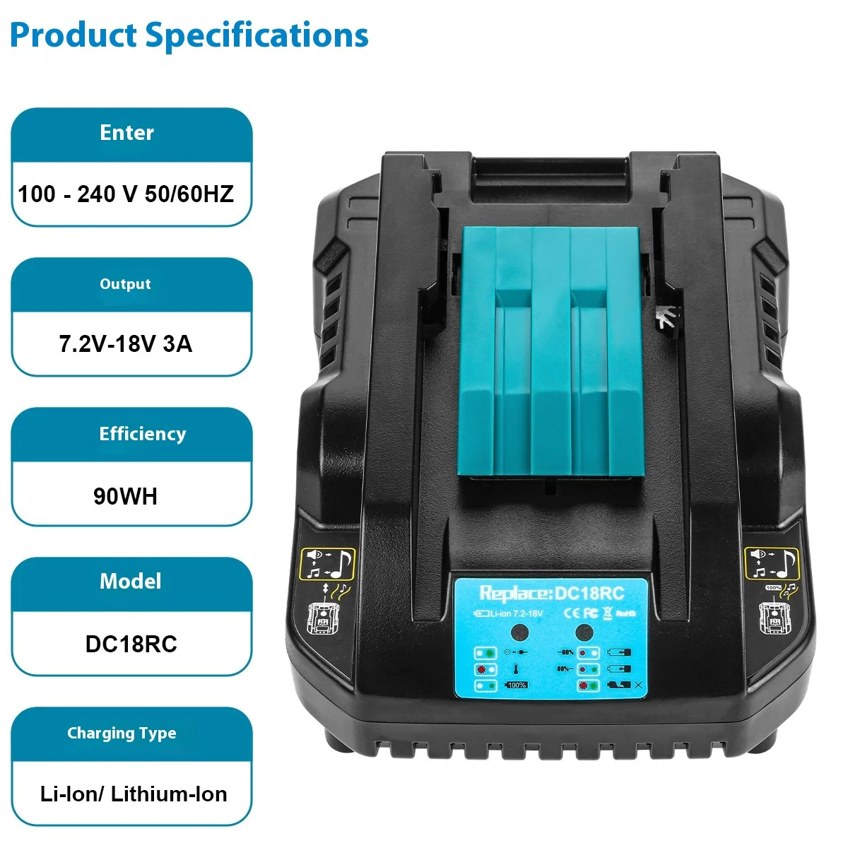 DC18RC 14.4V 18V Lithium Ion Battery Rapid Charger 3A Charging Current For Makita Bl1830 Bl1430 Bl1860 Dc18Ra Power Tool Battery