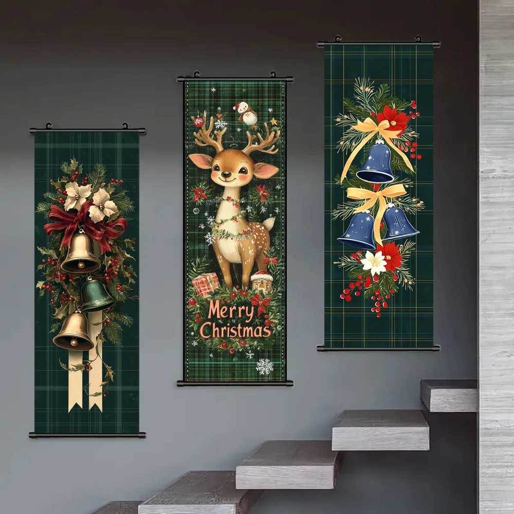 

JIT, Cute Reindeer And Christmas Bells , Christmas Day Decoration Hanging Painting, Wrapped Canvas, 16x47 inches