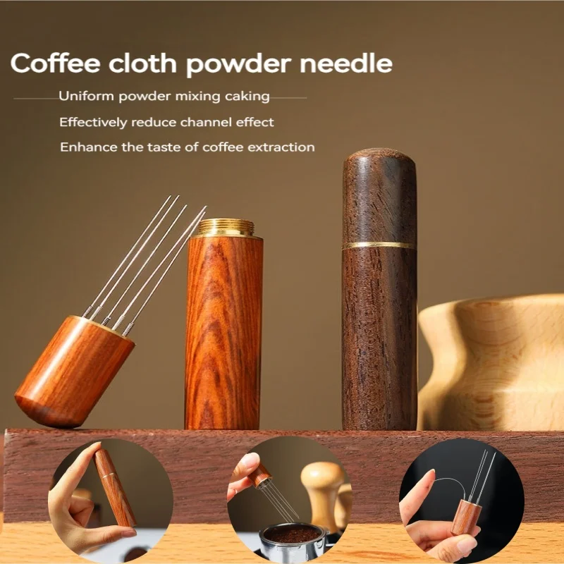 Coffee Powder Distributor Needle - Stainless Steel Powder Dispenser - Coffee Whisk & Clump Breaker - Solid Wood with Storage Pow