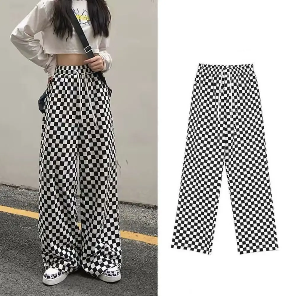 Vintage Plaid Women Pants High Waist Wide Leg Straight Pant Loose Casual Female Trousers Wide Leg Pant Fashion Streetwear