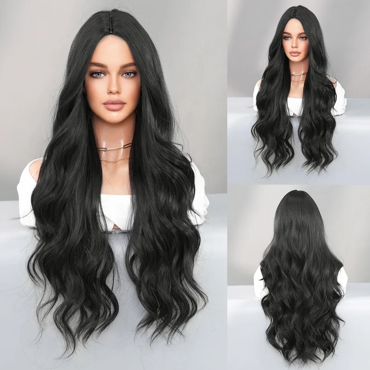 

PARK YUN Loose Long Deep Wave Black Wig for Women Daily Use High Density Synthetic Layered Mid split wig Hair Wigs