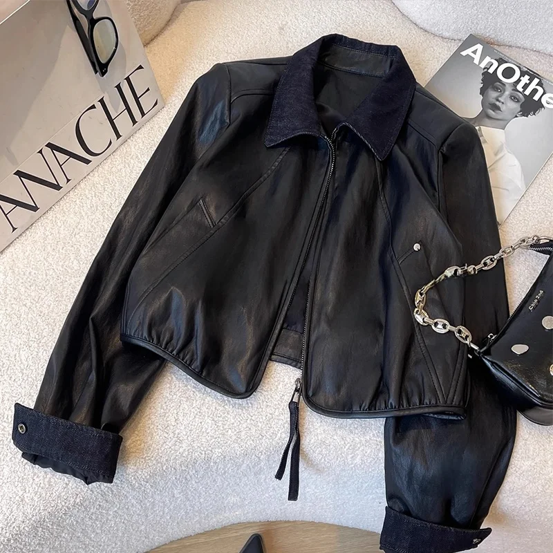 เสื้อโค้ทหนังผู้หญิง Bla Leather Jaet รุ่น ort Sle 2025 แฟชั่นฤดูใบไม้ร่วง สไตล์ลำลอง คุณภาพสูง อเนกประสงค์ ทันสมัย