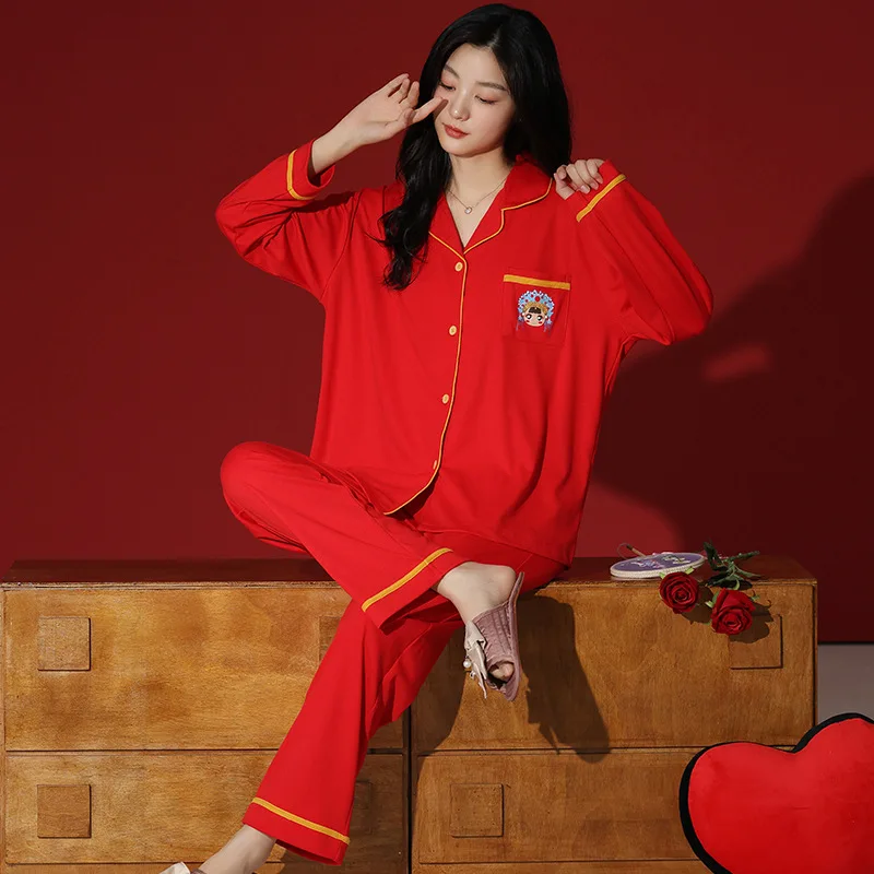 Pure Cotton Pajamas Women's Spring Autumn Red Lucky Cardigan Long Sleeve Two-Piece Set Fashion Elegant Celebration Home Clothes