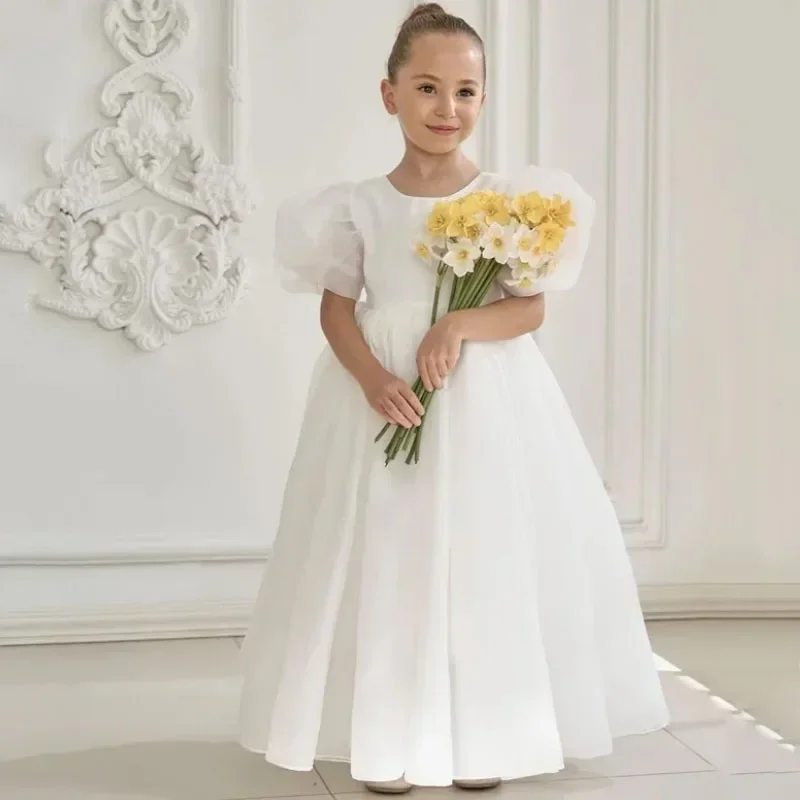 

Princess Dress Customized Flower Girl Dresses White Satin Solid Short Sleeve For Wedding Birthday Party Banquet Princess Gowns