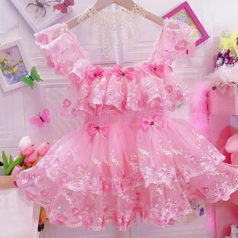 

Pink JSK Bow Lace Slimming Short Dress ABDL Cute Sweet Lolita Girl Princess Tulle Puffy Mini Dress Sissy COS Cross-dressing Tops