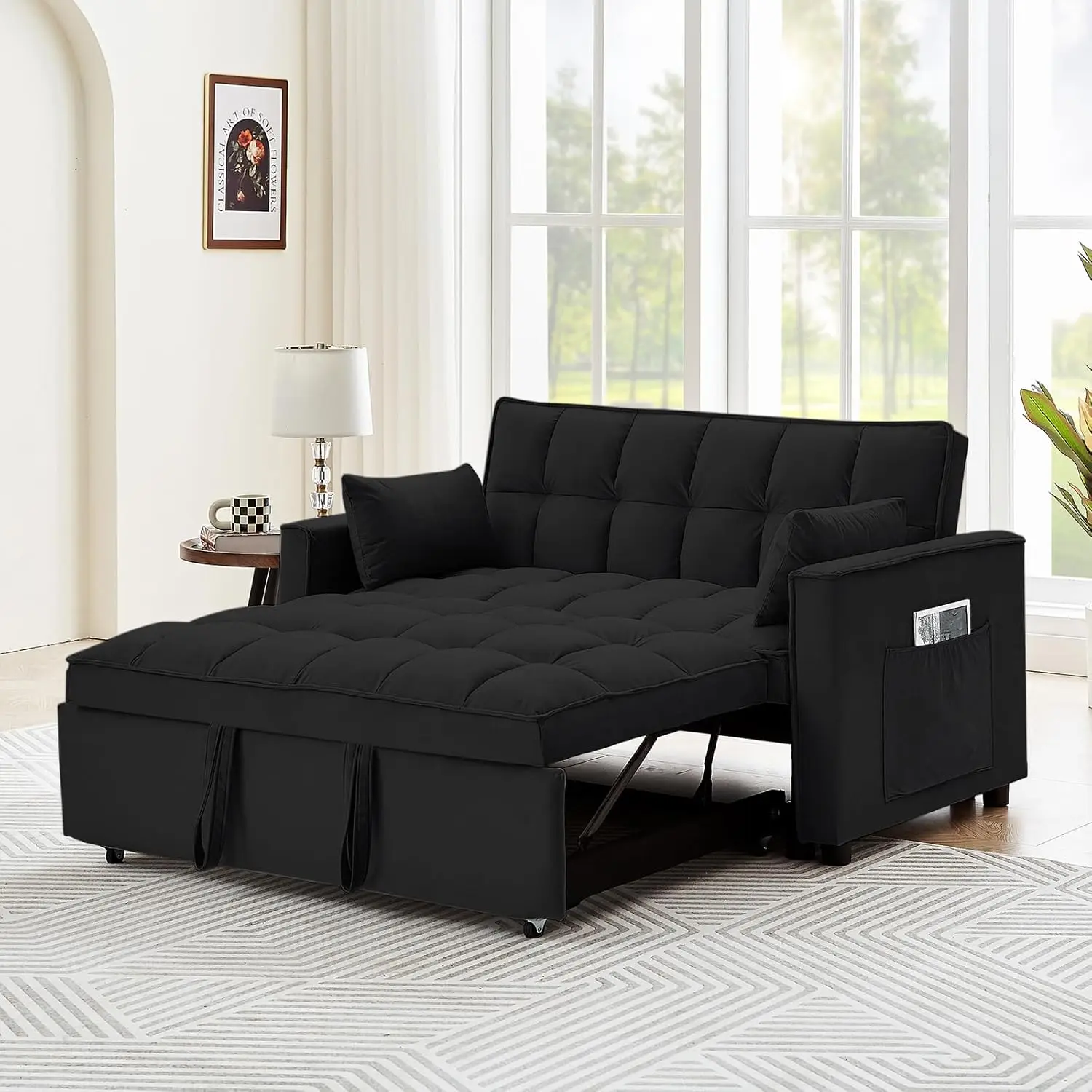 

Convertible Sleeper Sofa Bed, Velvet Tufted Loveseat Couch With Pull Out Bed, Small Love Seat Futon Lounge Sofa With 2 Pillows