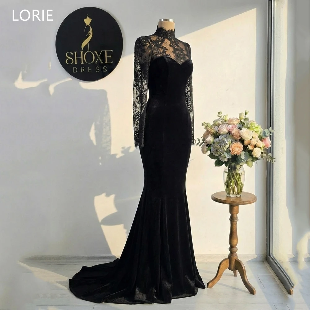 

LORIE Elegant Black Velvet Party Dresses High-Neck Lace Full Sleeves Evening Prom Dress Sheath Mermaid Prom Gowns Customized