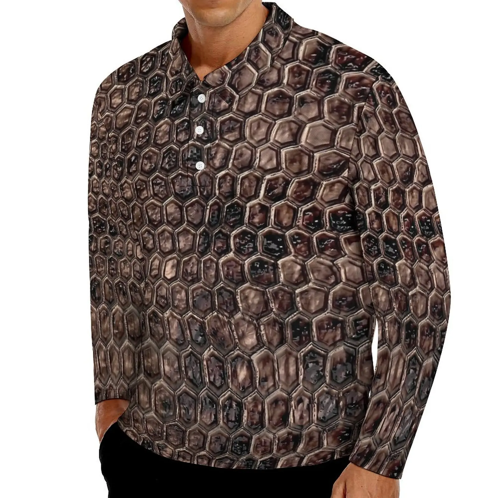 Vintage Snake Skin Brown Print Polo Shirt Male Casual Shirt Daily Trending Turn Down Collar Long Sleeve Oversized T-Shirts