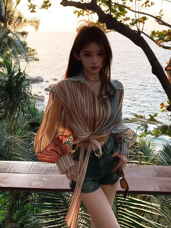 

Женская блузка Vaion Sle с полосками и рукавами-фонариками, новая коллекция весна-лето, с поясом на талии, винтажный модный топ в корейском стиле, приталенный крой.