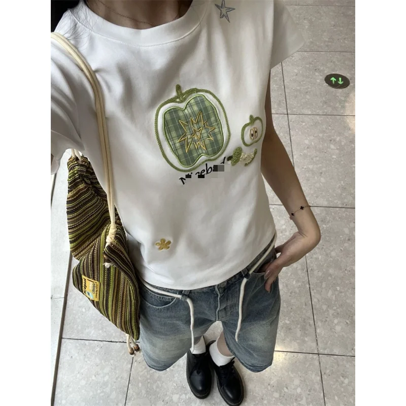 Cute Embroidery White T-shirts Women Retro Preppy Style O Neck Slim Short Sleeve Tees 2026 Summer Sweet Y2k Crop Tops