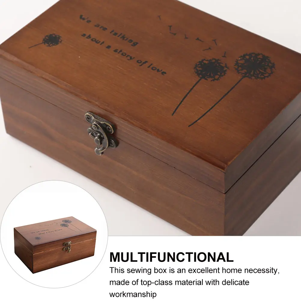 

1pc Retro Solid Wood Sewing Top-Class Material Sturdy Natural Pine Storage Box With Metal Lock Engraved Texture Home Household