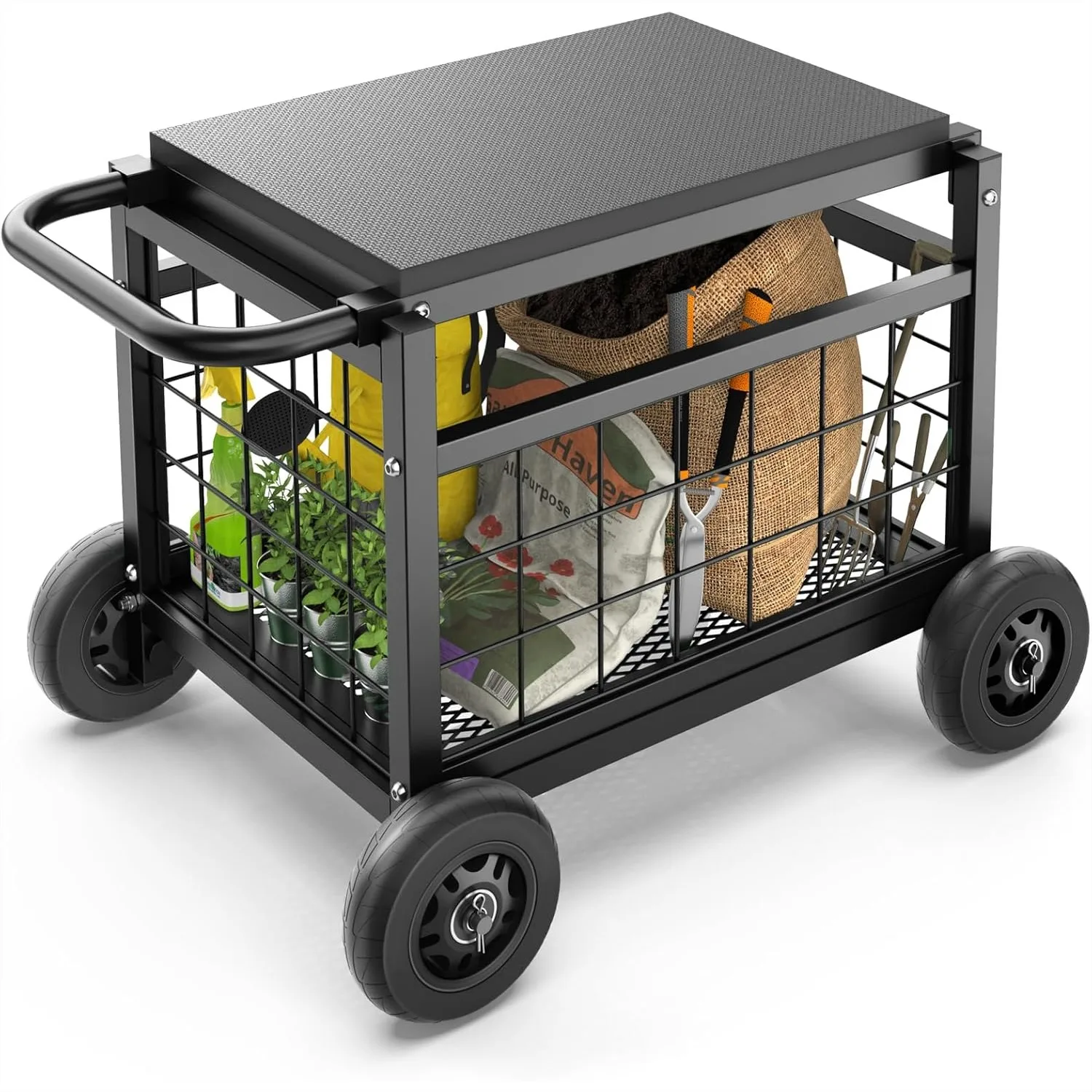 Rolling Garden Work Seat with Wheels, Heavy Duty Metal Garden Cart, Outdoor Wagon for Lawn Patio Gardening, Black