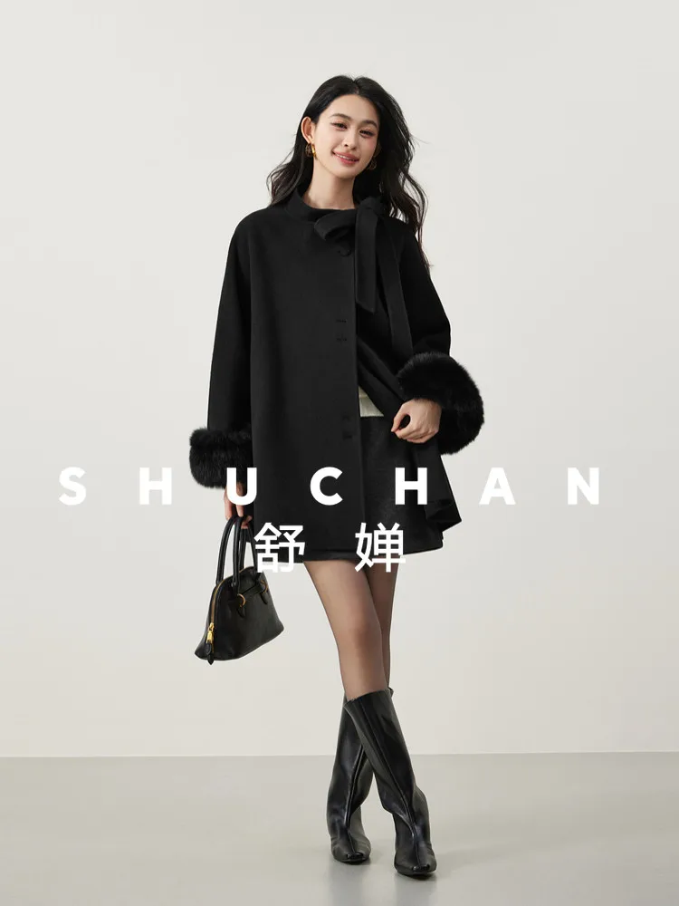 Black Coat Women Wool and Cashmere Detachable Fox Fur Temperament Floating Collared Coat Jackets for Women