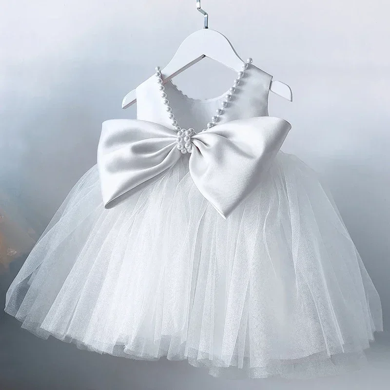 Baby Girls Party Dresses Backless Bow Cute Baby White Dress Beading Wedding Prom Gown 1st Birthday Baptism Princess Dress