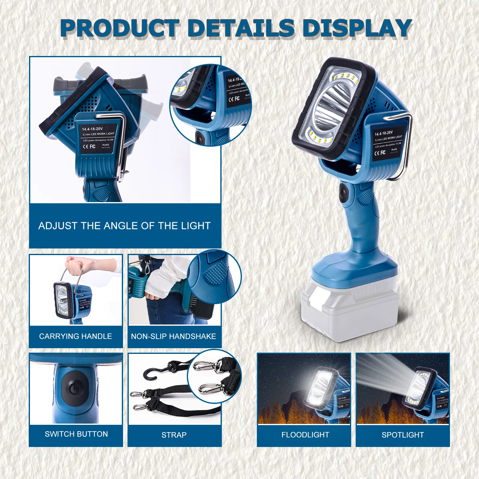 For Makita 1200LM 14.4V-18V 16.2W Work Light Portable Outdoor LED Light Flashlight Dual Light Vertical Lamp Li-ion Battery