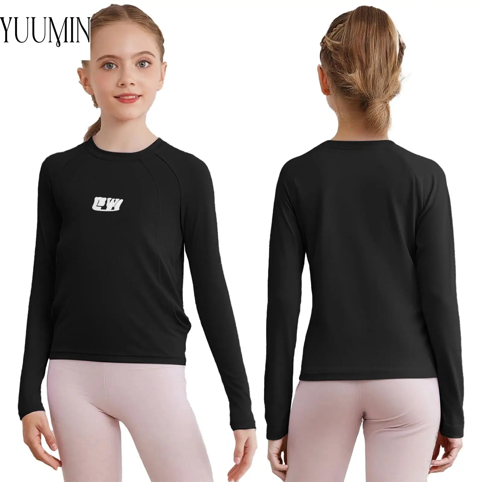 Kids Girls Sports Tops Quick-Drying Sun-Protective Clothing Round Neck Long Sleeve Casual Tops for Yoga Running Jogging Cycling