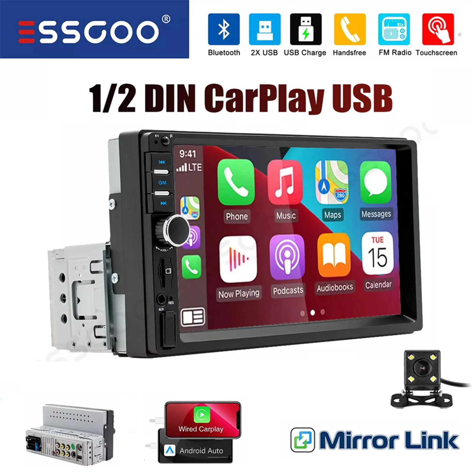 ESSGOO 7 inch 1 DIN Universele Autoradio Stereo Bedrade Apple Carplay Android Auto Bluetooth TF USB AUX HD Touchscreen Hoofdunit