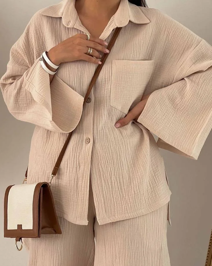 Two Piece Set Women Outfit 2023 Autumn New Fashion Casual Solid Color Wrinkle Long Sleeve Shirt High Waist Wide Leg Trouser Set