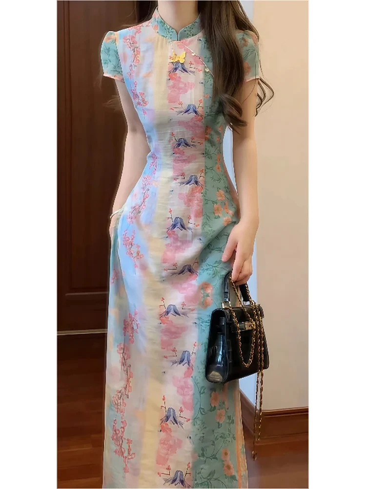 

Новое китайское платье-ципао в национальном стиле с воротником-стойкой, принтом камелии, улучшенным кроем, приталенное, длинное, для повседневной носки