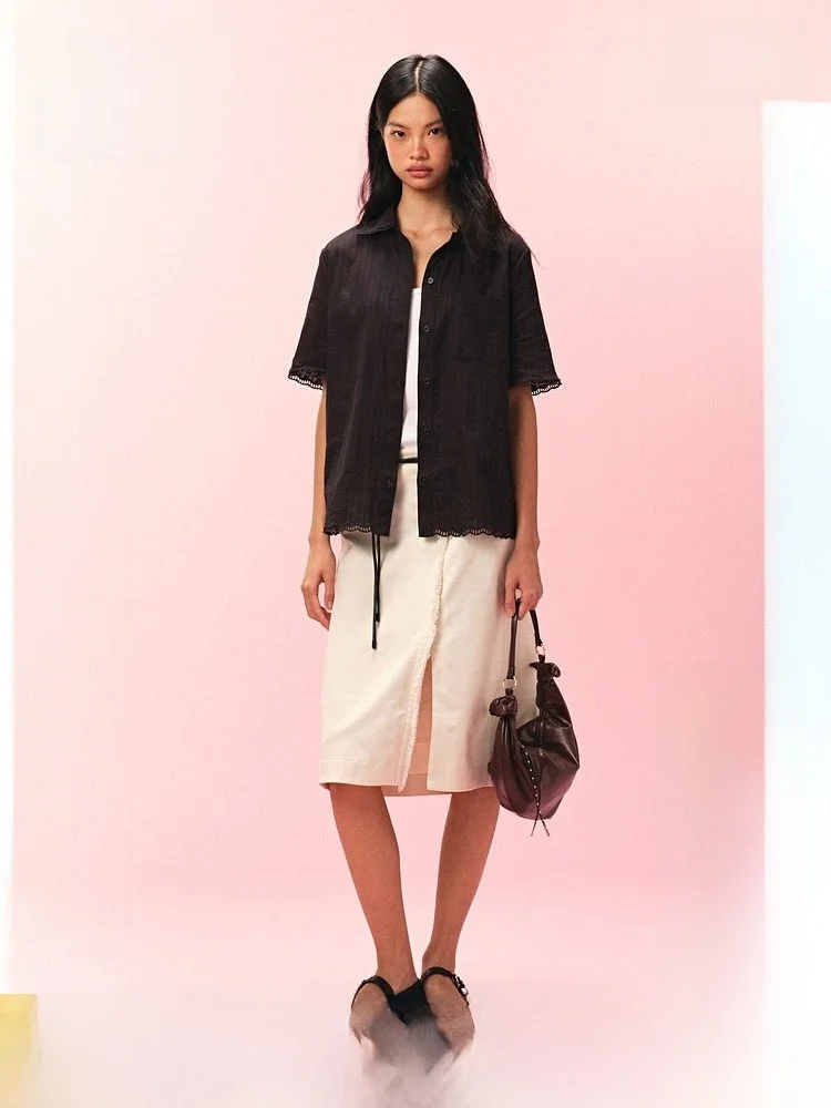 

H&M Women's Cotton Shirt Summer Fashionable Soft Trendy Simple Cotton Shirt Casual Style Short Sleeve Turn-down Collar