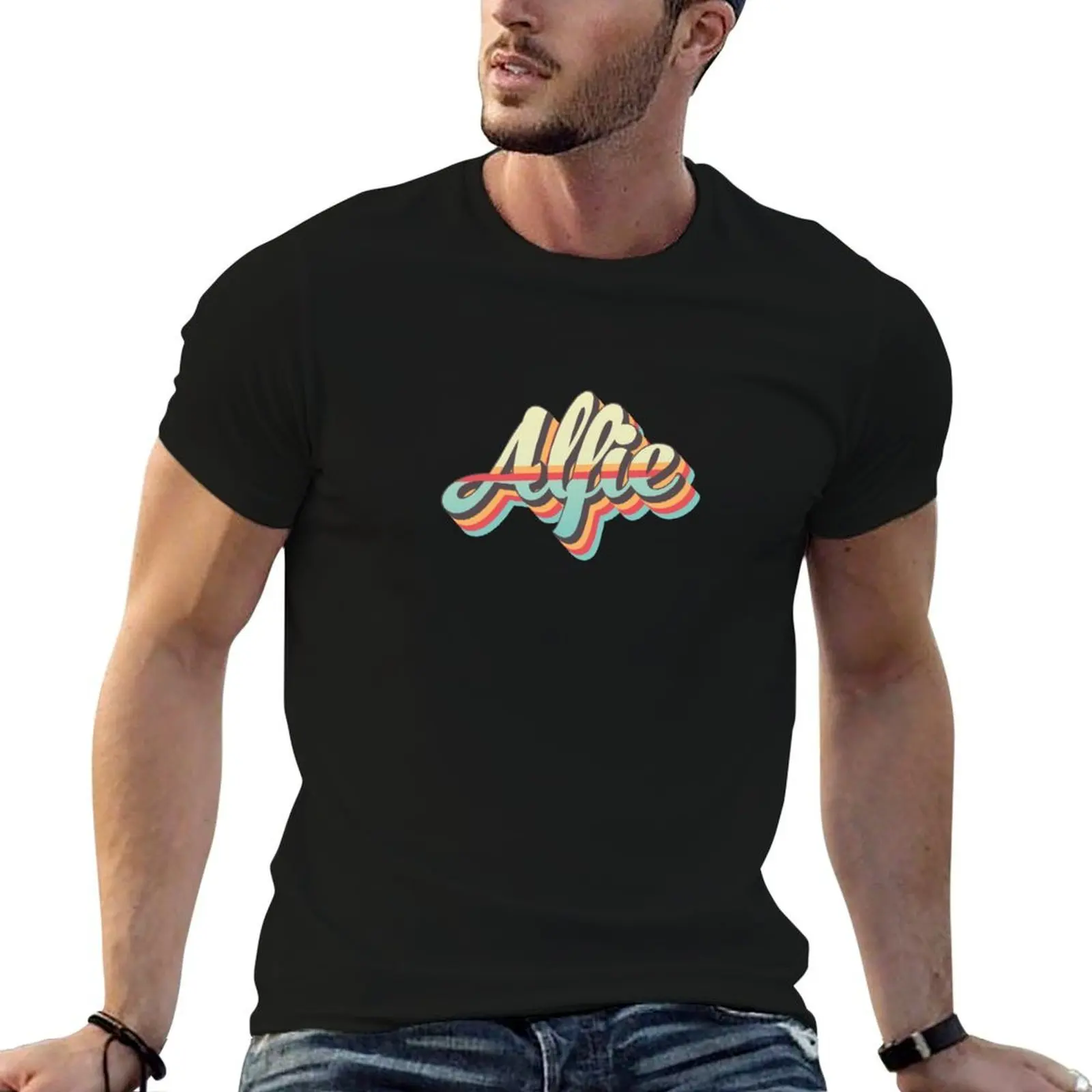 Camiseta con diseño de alfabeto retro de los años 70 con el nombre de Alfie, camisetas divertidas de algodón para hombre, camiseta de diseñador para hombre