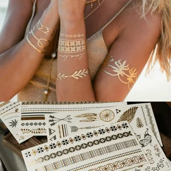 Błyskawiczne Boho metaliczne złote pióra lśniące biżuteria festiwal tymczasowy tatuaż plażowy ramię makijaż ciała kobiety