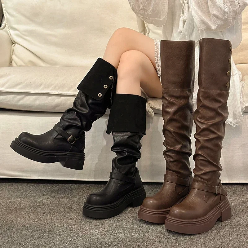 

Women's Winter Studded Knee-high Boots Square Heel Round Head Middle Follow High Boots Sleeve Outdoor Leisure Fashion Shoes 2024