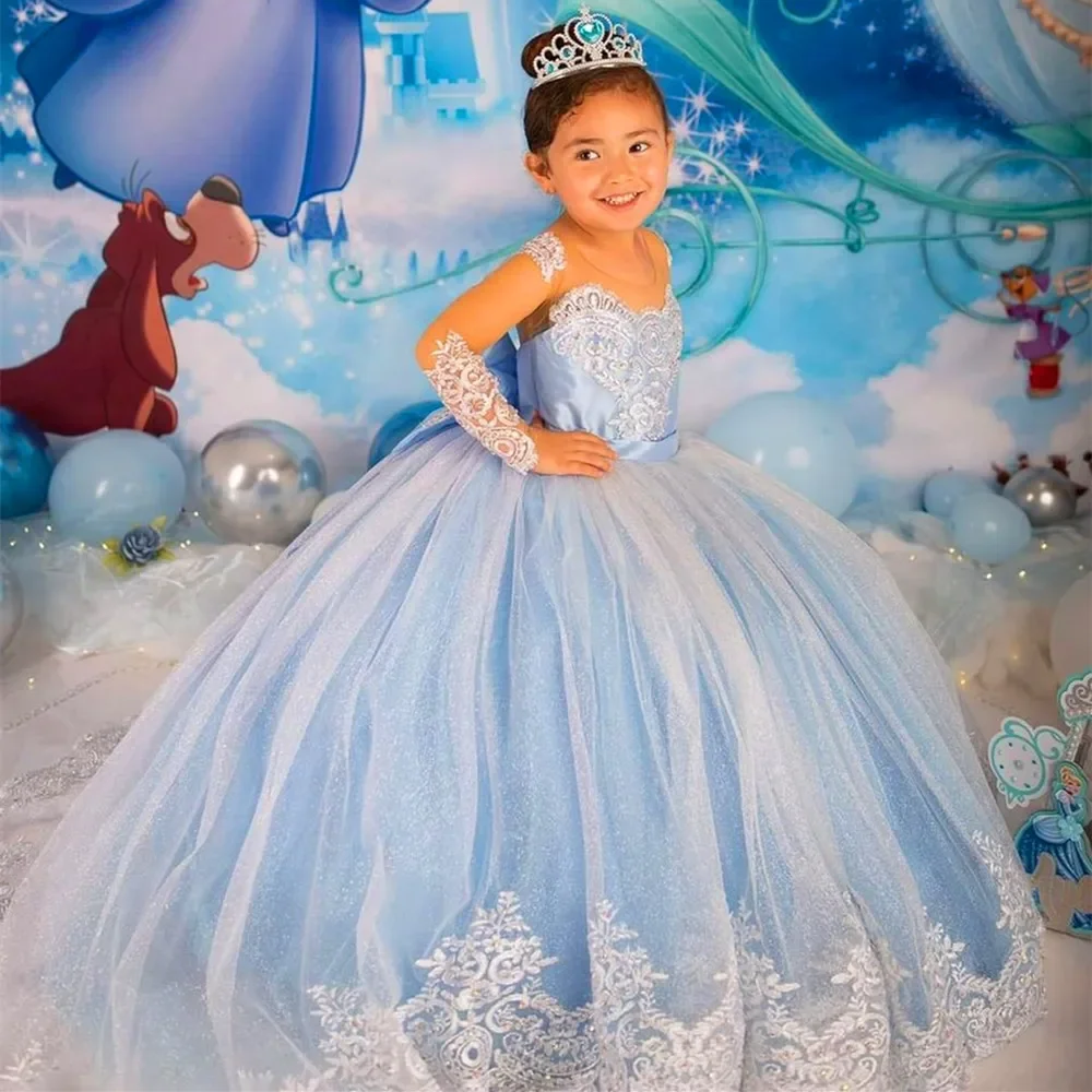 Light Blue Flower Girl Dress Illusion Long Sleeve Maxi Gown With Bow Satin Sparkling Fluffy Tulle Ball Gown Girl Communion Dress