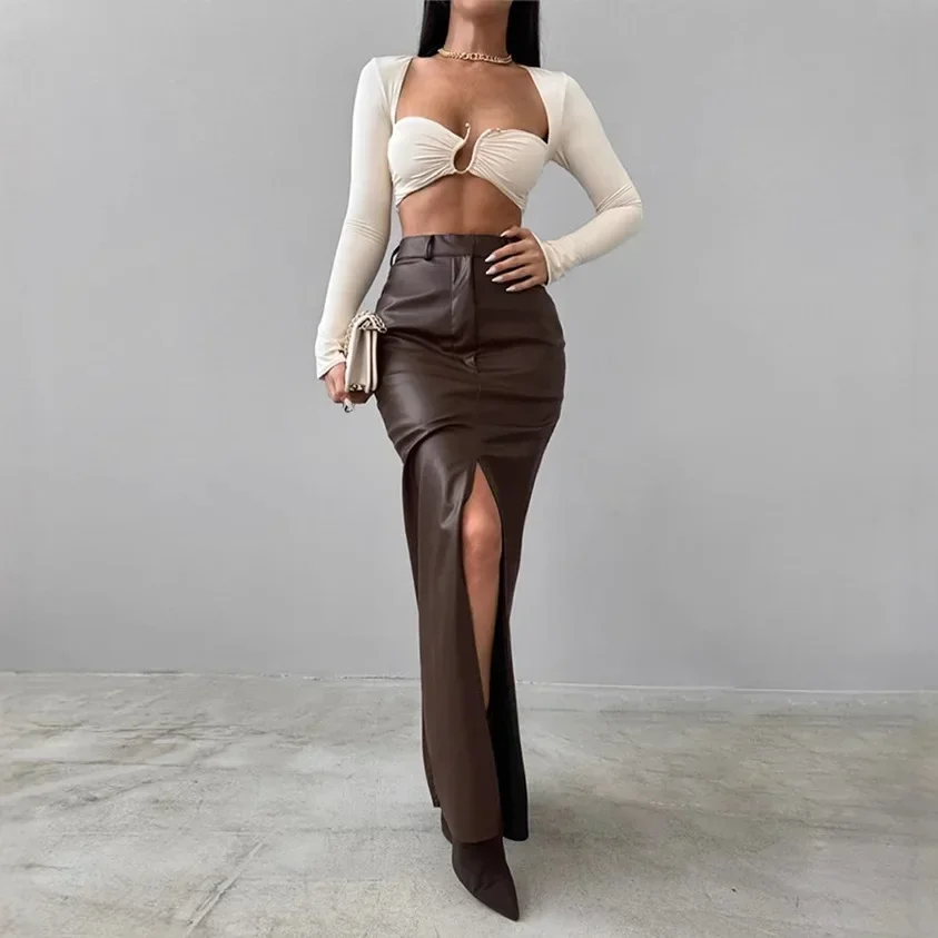 

Women's Clothing Leather Design Split Fork Solid Color High Waist Simple Leather Slim Skirt for Women