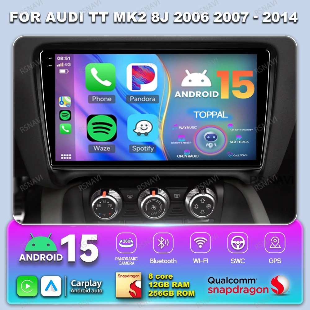 

Автомобильное радио Android 15 для Audi TT MK2 8J 2006 2007-2014 QLED авторадио GPS стерео Viedo плеер DVD DSP головное устройство 4G LTE BT AUTO