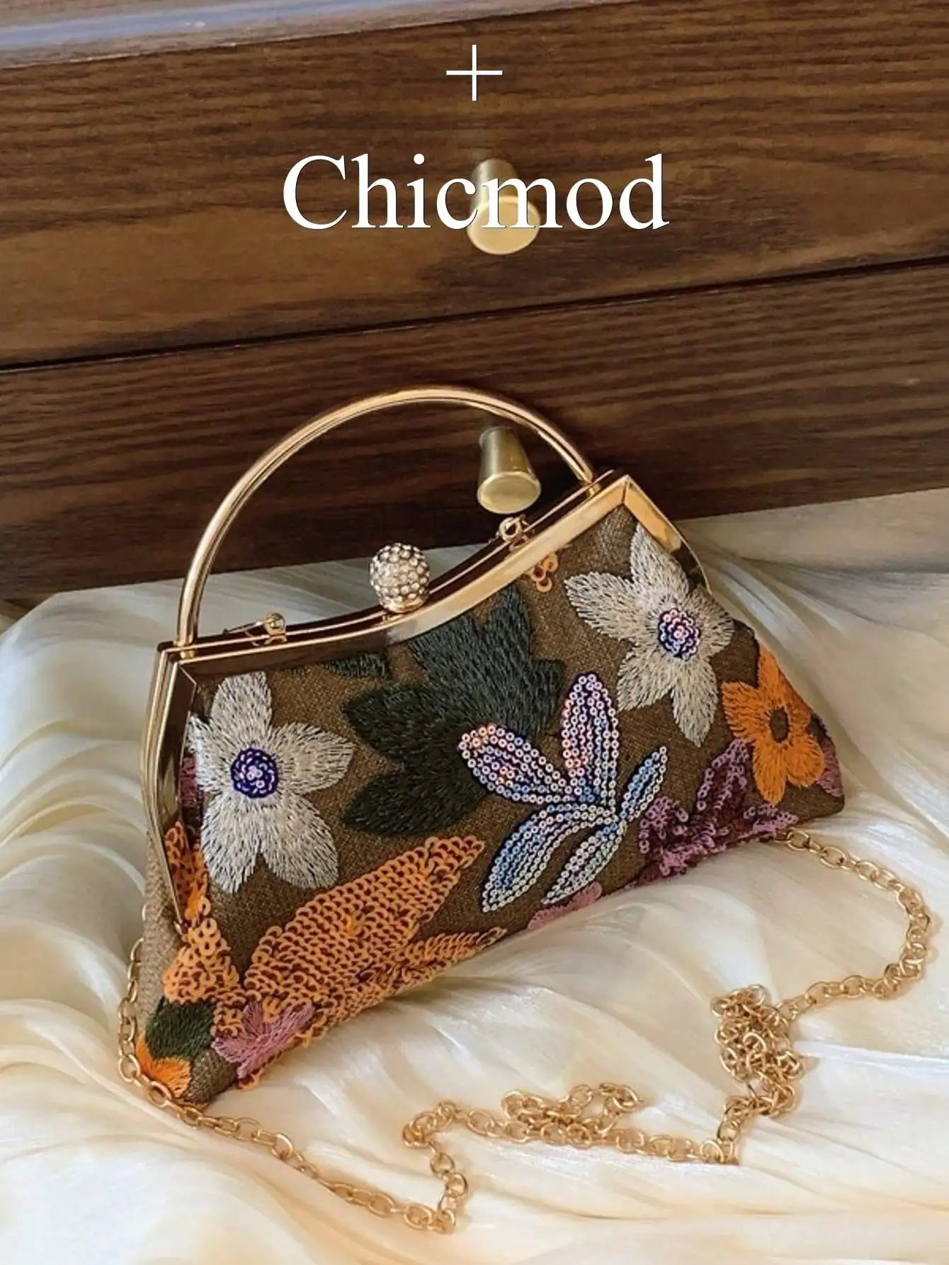 

Floral Embroidered & Sequin Clutch with Metal Frame Handle, Evening Bag for Parties