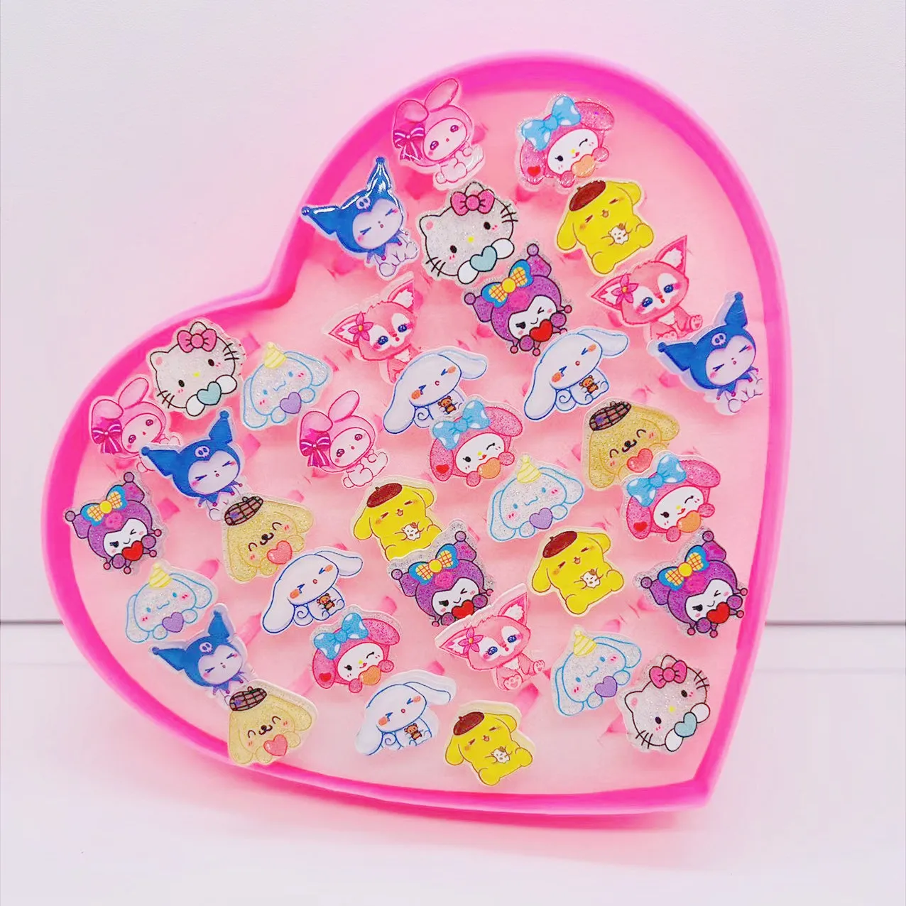 36Pcs/box Sanrio Hello Kitty Kids Ring Kids Cinnamoroll Kuromi Adjustable Baby Rings Children Girl Rings with Heart Box Gift Toy