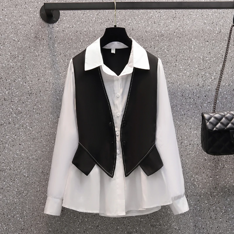 2024 White Patchwork Fake Two Piece Shirts Women Fashion Single Breasted Blouses Autumn Korean Long Sleeve Elegant Casual Shirts