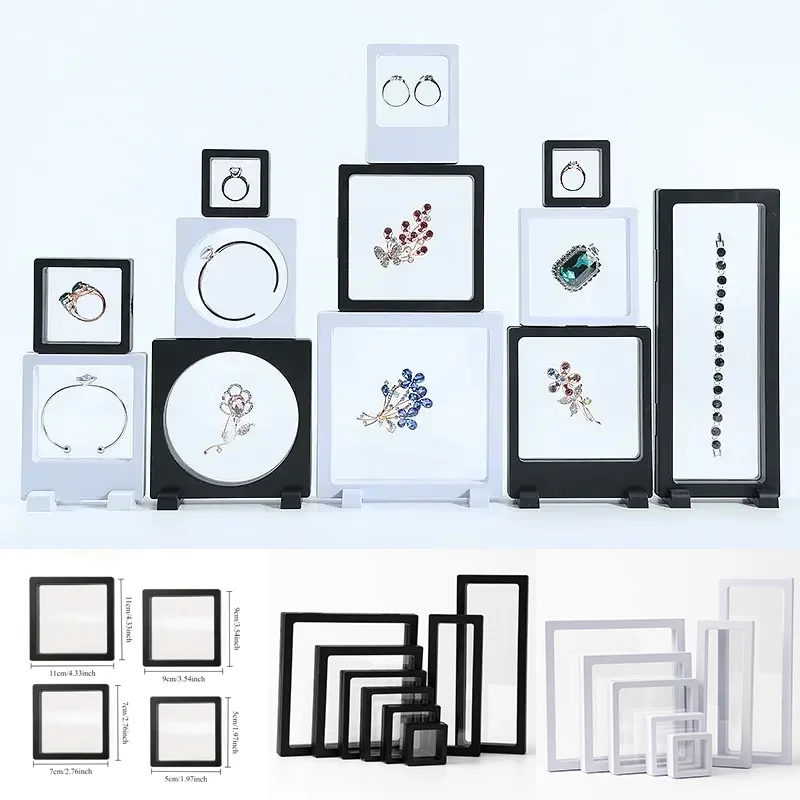 10pcs Black White PE Film Jewelry Storage Box 3D Packaging Case Gemstone Free Stand Floating Frame for Ring Earrings Display