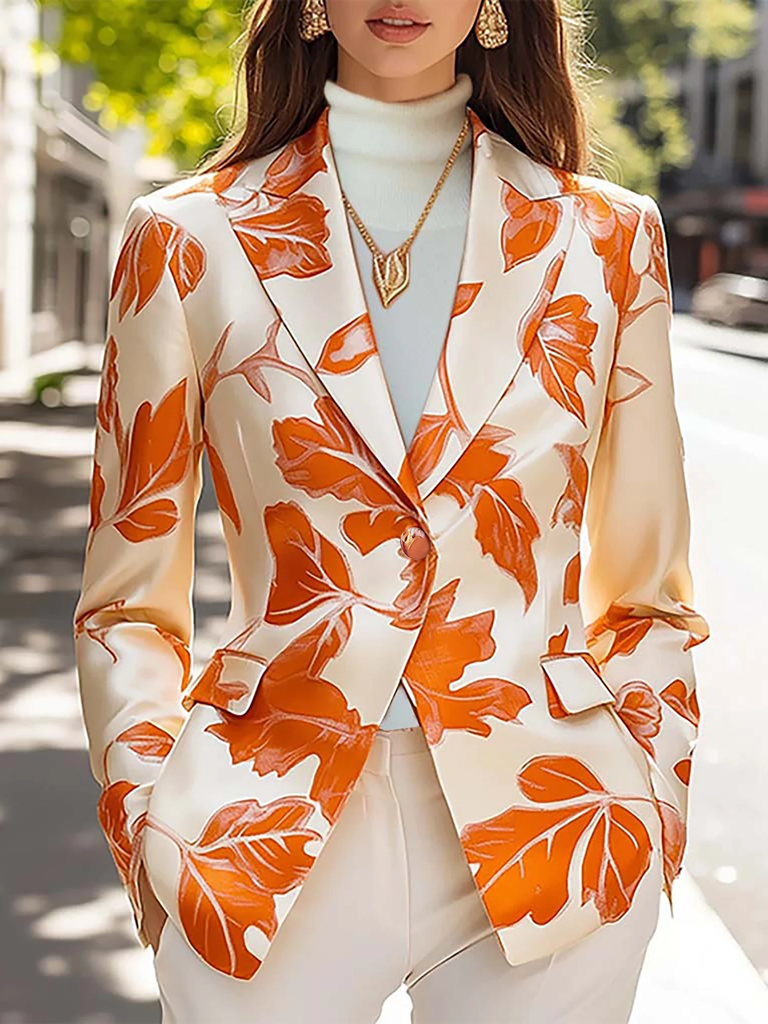 Eleganter Langarm-Blazer mit Blätter-Print für Damen – schicke Jacke mit Taschen, stilvolle Oberbekleidung