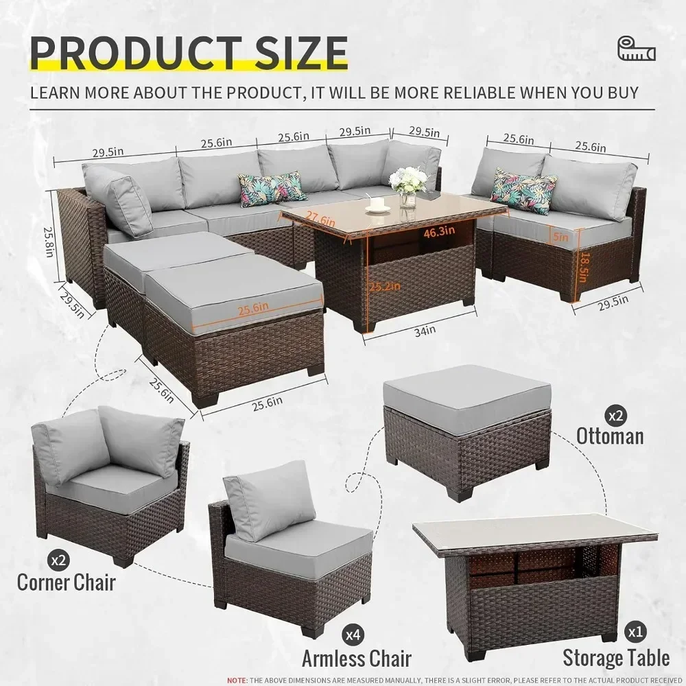 Garden Furniture 9 Piece Set, Patio Rattan Sectional Conversation Sofa Set with Cushions and Storage Table, Garden Furniture Set