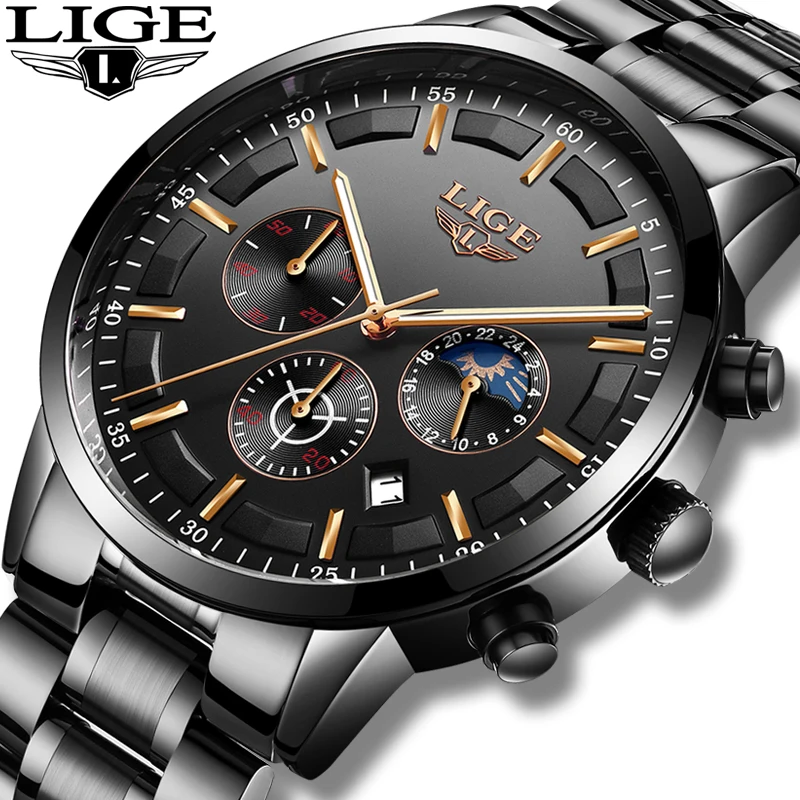 LIGE 2023 mode hommes montres haut de gamme montre d'affaires de luxe pour hommes en acier inoxydable étanche Quartz horloge Relogio Masculino