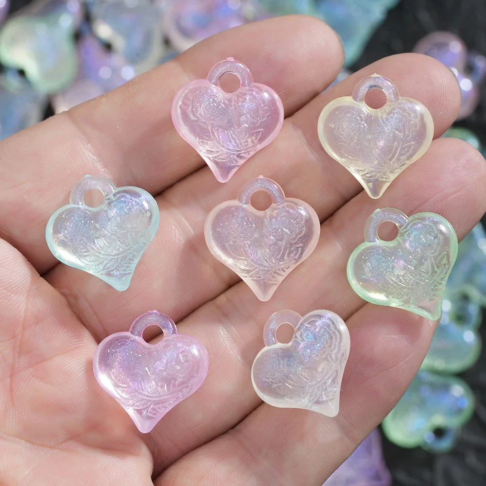 30pcs Jelly Color Luminous Heart Shape Pendants Departments  Charms Bracelet Necklace Fittings DIY Jewelry Accessories