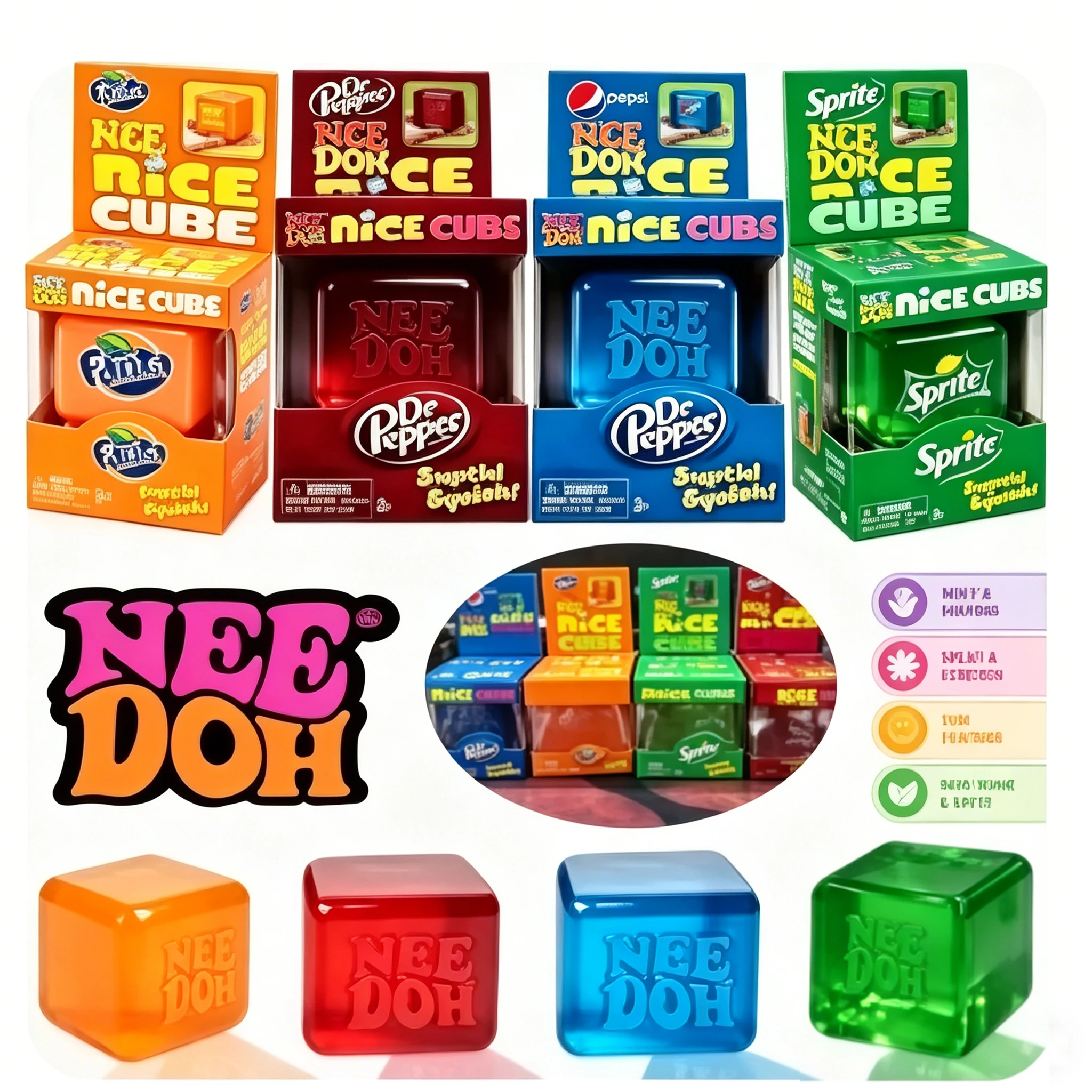 Nuevo Juguete Antiestrés Suave Needoh Nice Cube Suptid Squish con Esquema de Colores Soda, con Caja Sorpresa y Regalos de Rompecabezas