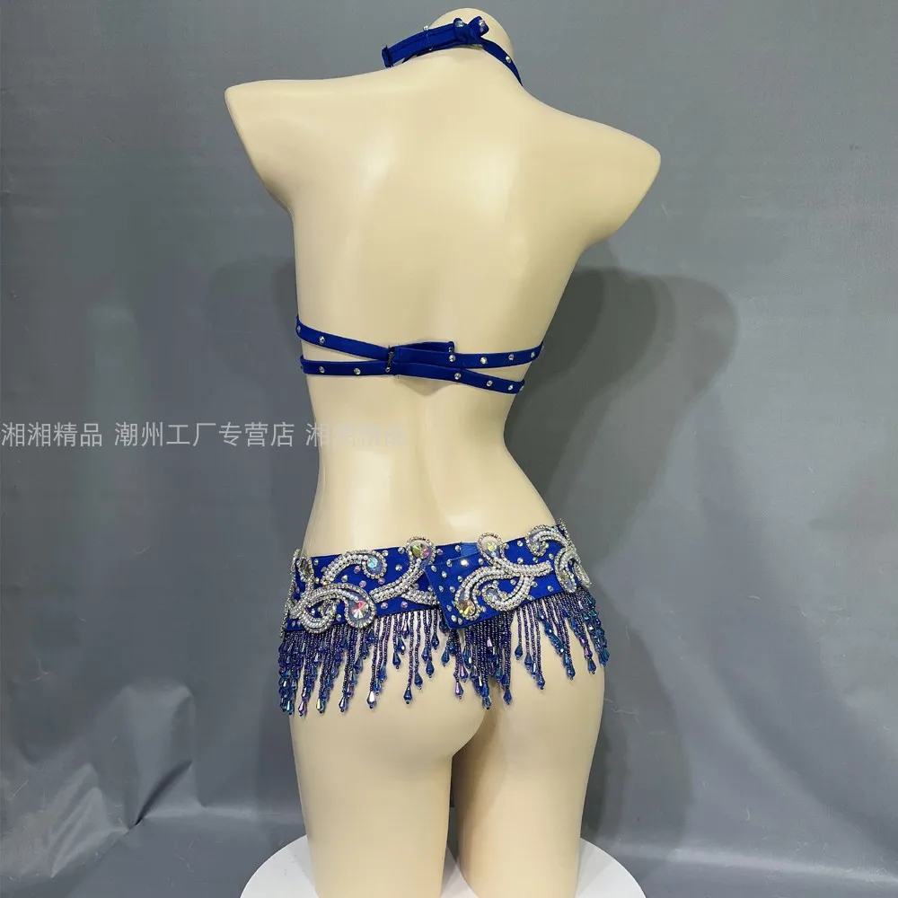 Girls Dance Clothes Bra+Belt 2pcs Competition Suit Hand Made Stones Style Wear Bra BCD T-stage Runway Sexy