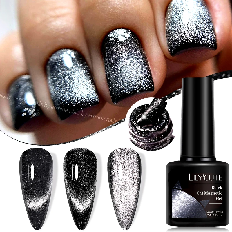 LILYCUTE 7ml Black Crystal Cat Magnetic Gel Nail Polish Aurora Glitter Vernis Semi Permanent UV Gel Nail Art No Need Base Color