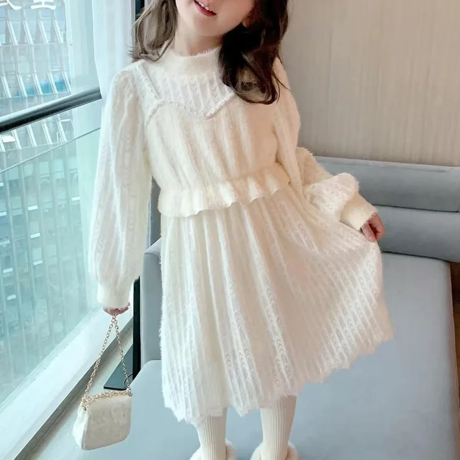 

Winter Autumn White Sweater Lace Floral Dress Lolita Child Girls Dress Children Dresses For Teens Party Princess Sundress