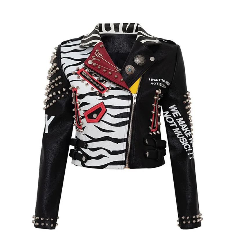 

2024 New Women Party Fashion Coats Rivet Women Short jacket Biker Leopard Print Leather Clothing Punk Rock Cropped Jackets