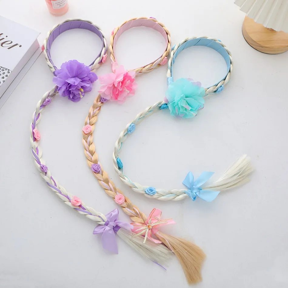 

Toddler Girls Flower Wig Headband with Long Braid Flower Long Braid Headband Princess Styling Headgear Cartoon Anime Princess
