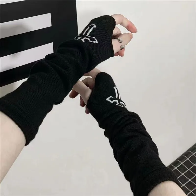 Gants gothiques sans doigts pour hommes et femmes, manchette noire, mitaines de coude Cos, chauffe-bras, motif lune pentacle, croix punk, ninja,