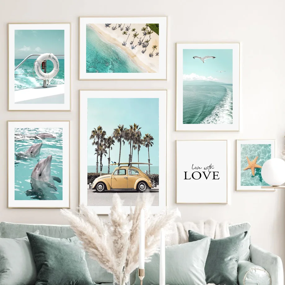 Coastal Beach Wall Art Prints Tropical Palm Leaf Sea Star Vintage Surf Car Poster Canvas Painting Nordic Living Room Home Decor