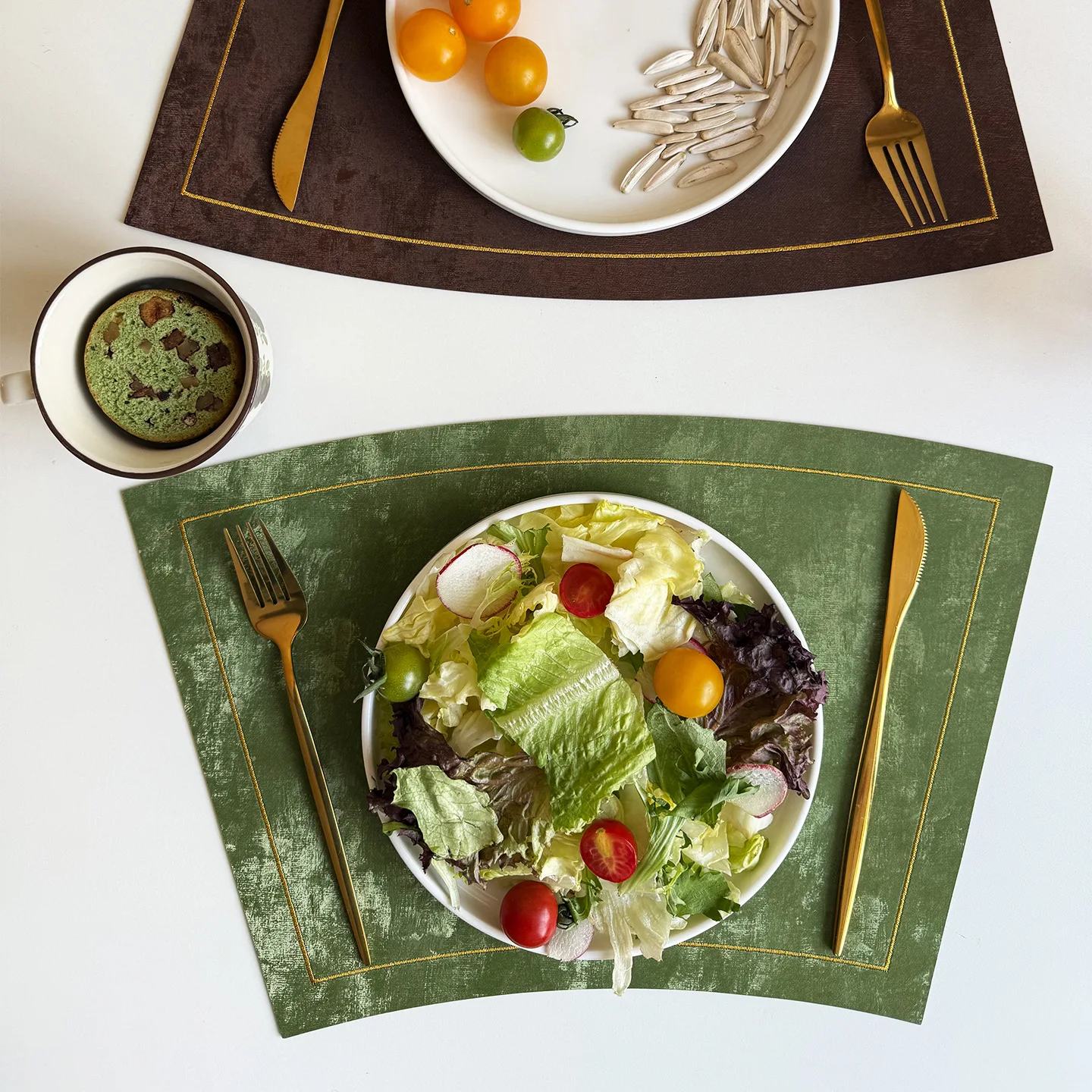New Chinese Style Imitation Velvet Kitchen Dining Table Mat Fan-shaped Oil-Proof Waterproof Non-Slip Leather Tableware Place Mat