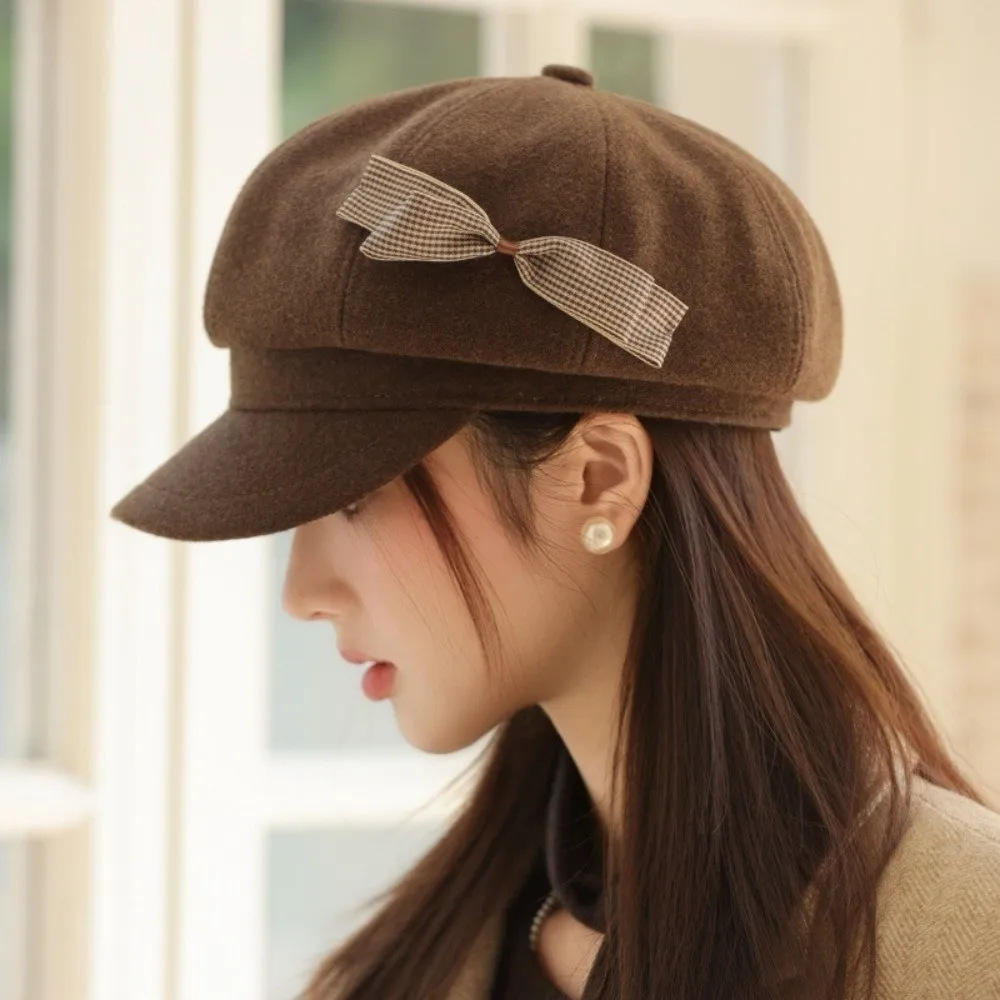 

Casual Wool Bow Beret Solid Color Big Head Circumference Painter Hat Y2k Warm Newsboy Hat Autumn Winter