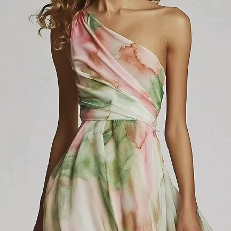 Letnia sukienka maxi w stylu boho, linia A, odkryte plecy, seksowna, z ukośnymi ramionami, ażurowa, asymetryczna, damska sukienka wakacyjna z nadrukiem, z zakładkami, z wysokim stanem.