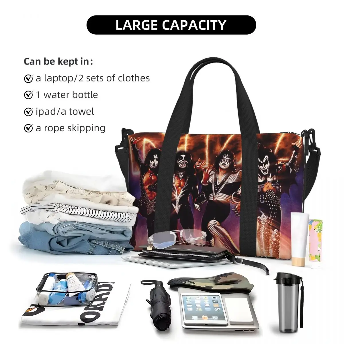 KISS The Band – Destroyer Fire Log Strand-Reisetasche, große Kapazität, Tragetaschen für Fitnessstudio, Sport, Frauen, Einkaufen, Reisetasche, Umhängetasche